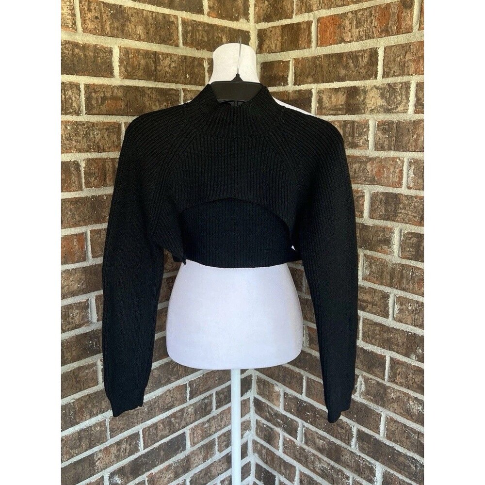 By Anthropologie Black Ribbed Knit Cropped Shrug Bolero Mock Neck Sweater XS